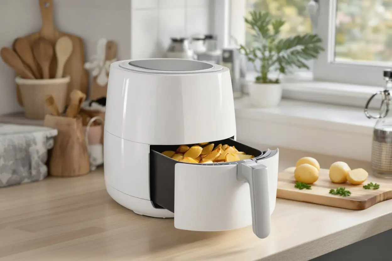 En vit airfryer med utdragen korg full av rostad potatis på en köksbänk i trä, bredvid en skärbräda med potatis och persilja.