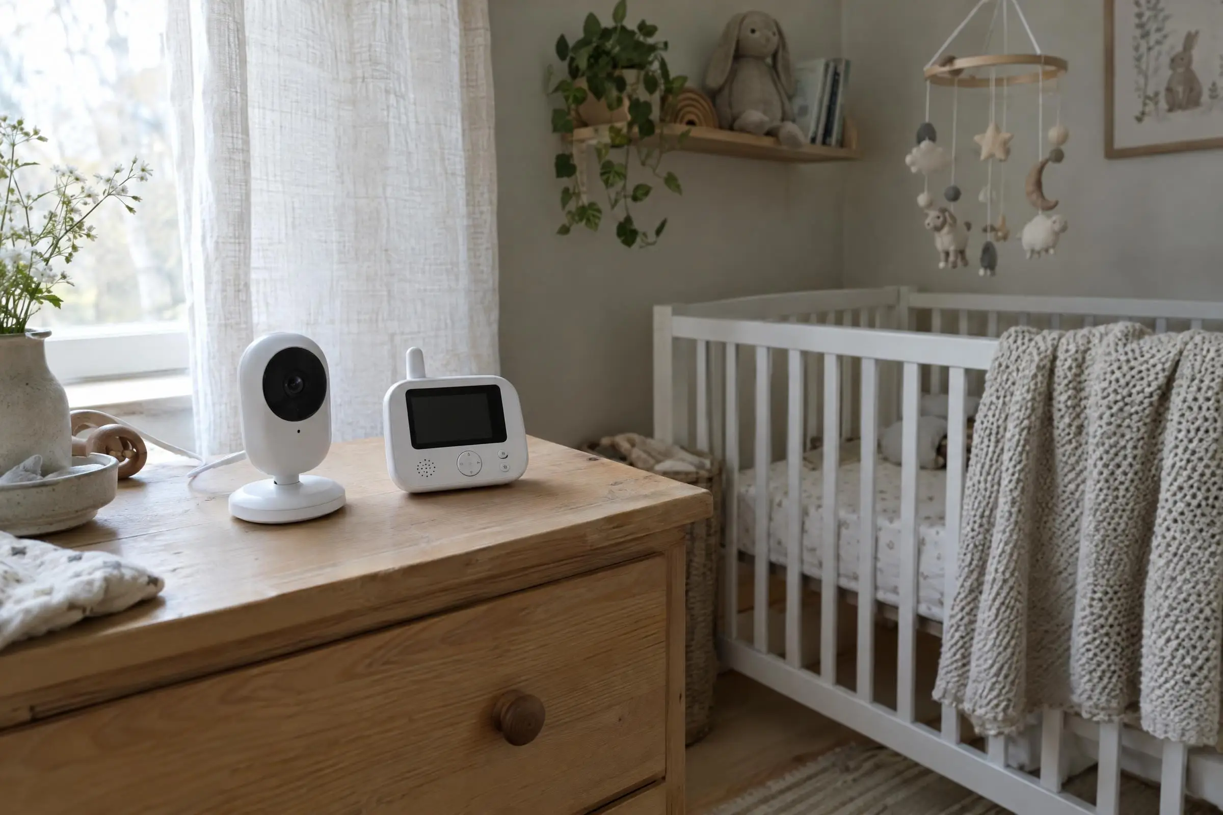 En vit babyvakt med kamera och en föräldraenhet med skärm står på en byrå i trä i ett lugnt barnrum, med en vit spjälsäng och ett mobilhänge i bakgrunden.