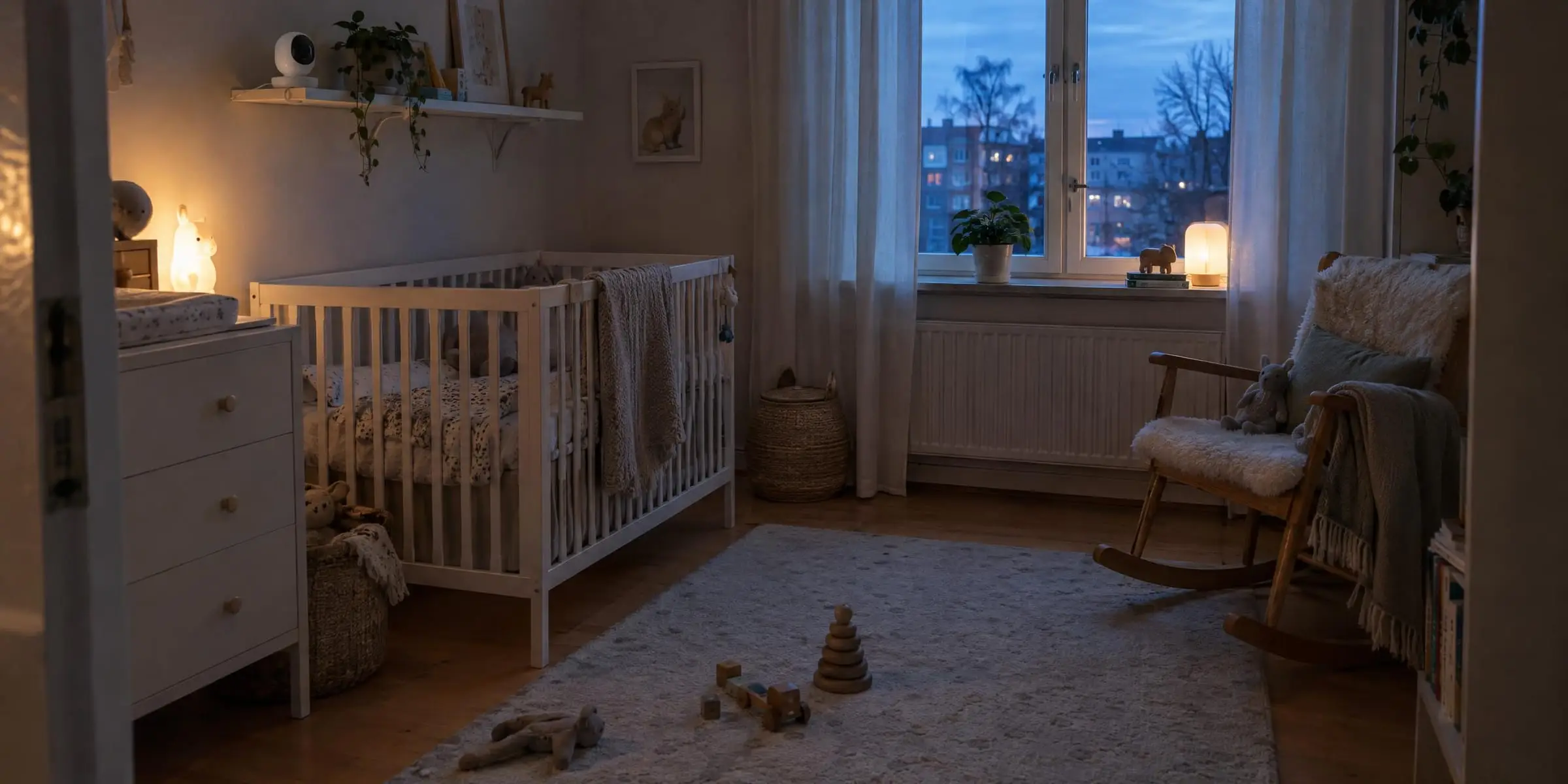 Barnrum i kvällsljus med spjälsäng, nattlampa och en babyvaktskamera på hyllan ovanför sängen