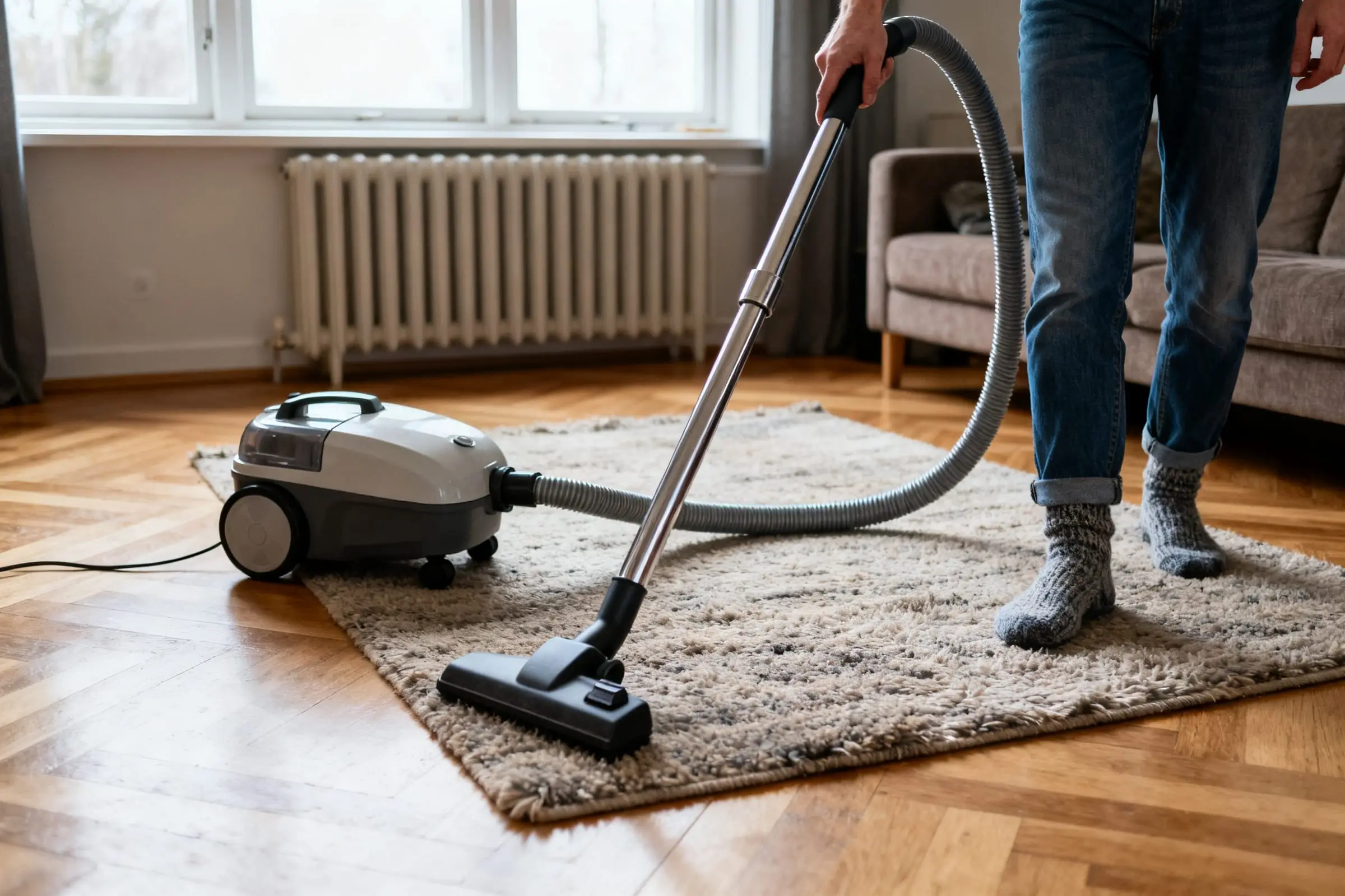 Någon i jeans och ullsockor dammsuger en ljus matta på ett parkettgolv med en grå och vit golvdammsugare, med ett element under fönstret i bakgrunden.
