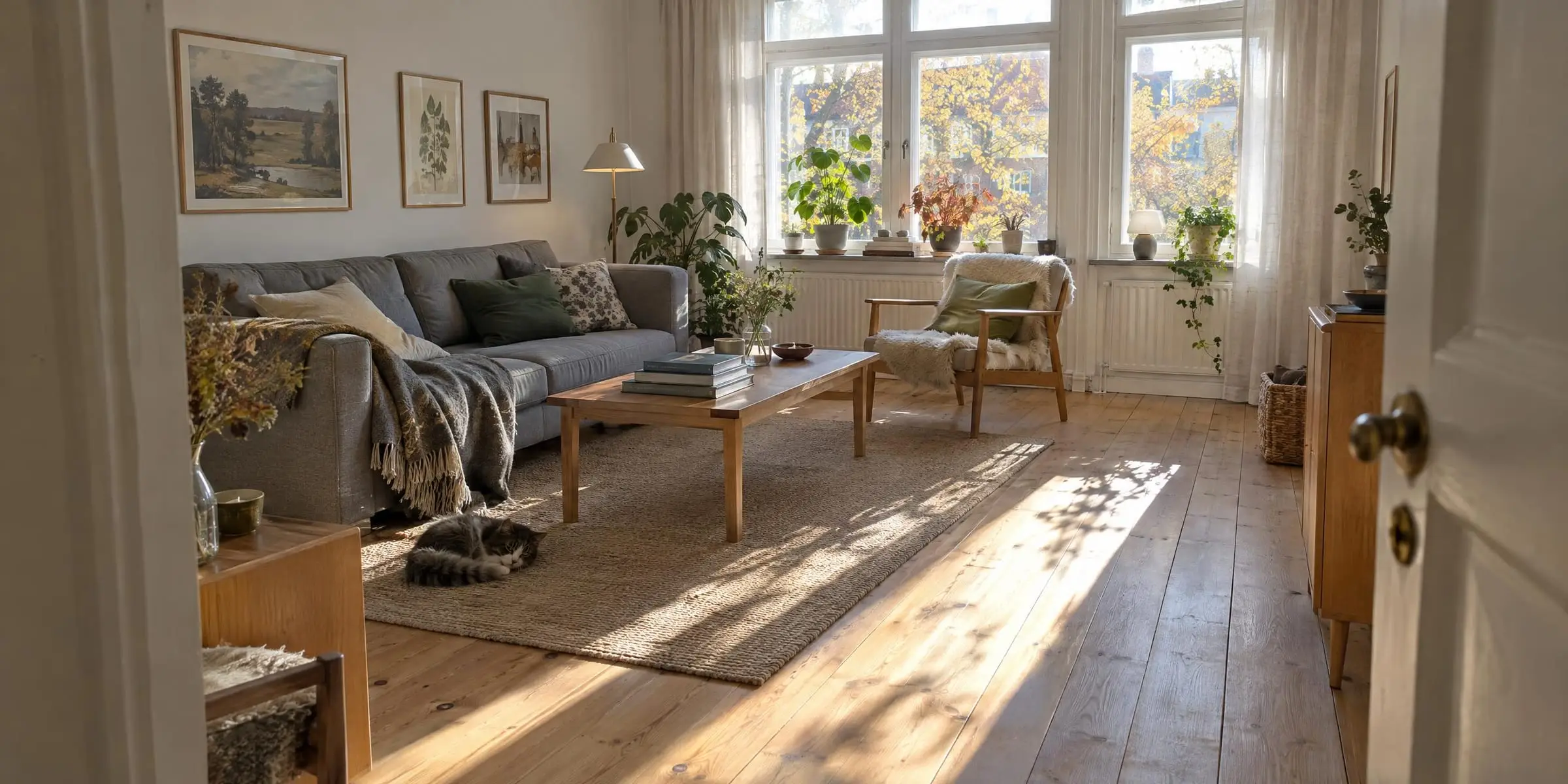 Soligt vardagsrum med grå soffa, soffbord med böcker och växter i fönstret, och en katt som sover på mattan