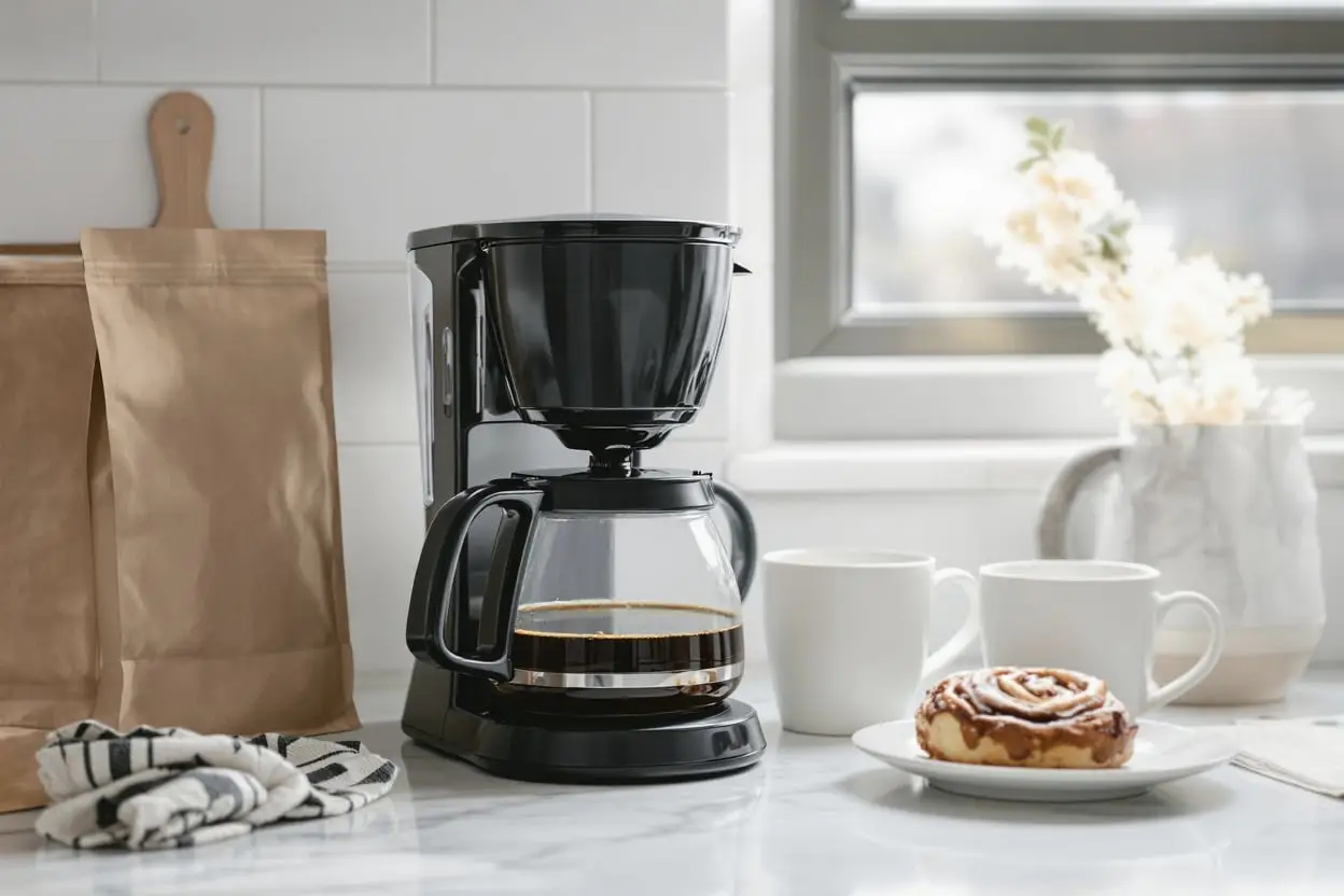 En svart kaffebryggare med nybryggt kaffe på en vit köksbänk bredvid två muggar, en kanelbulle och påsar med kaffe.