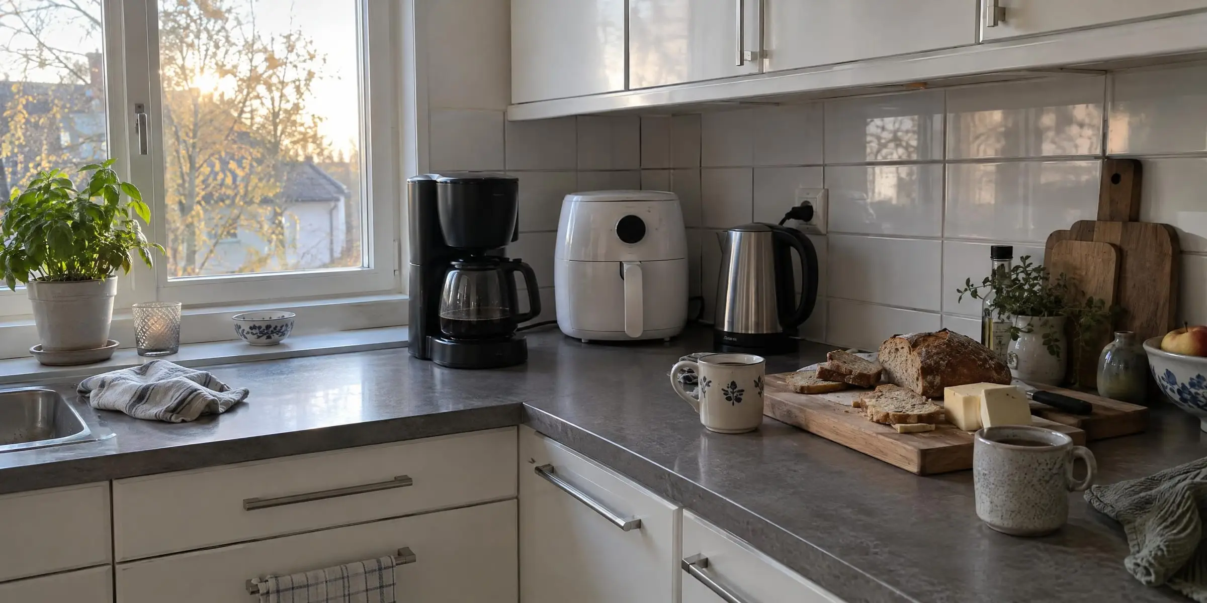 Köksbänk med kaffebryggare, airfryer och vattenkokare, bröd och ost på en skärbräda och höstsol genom fönstret