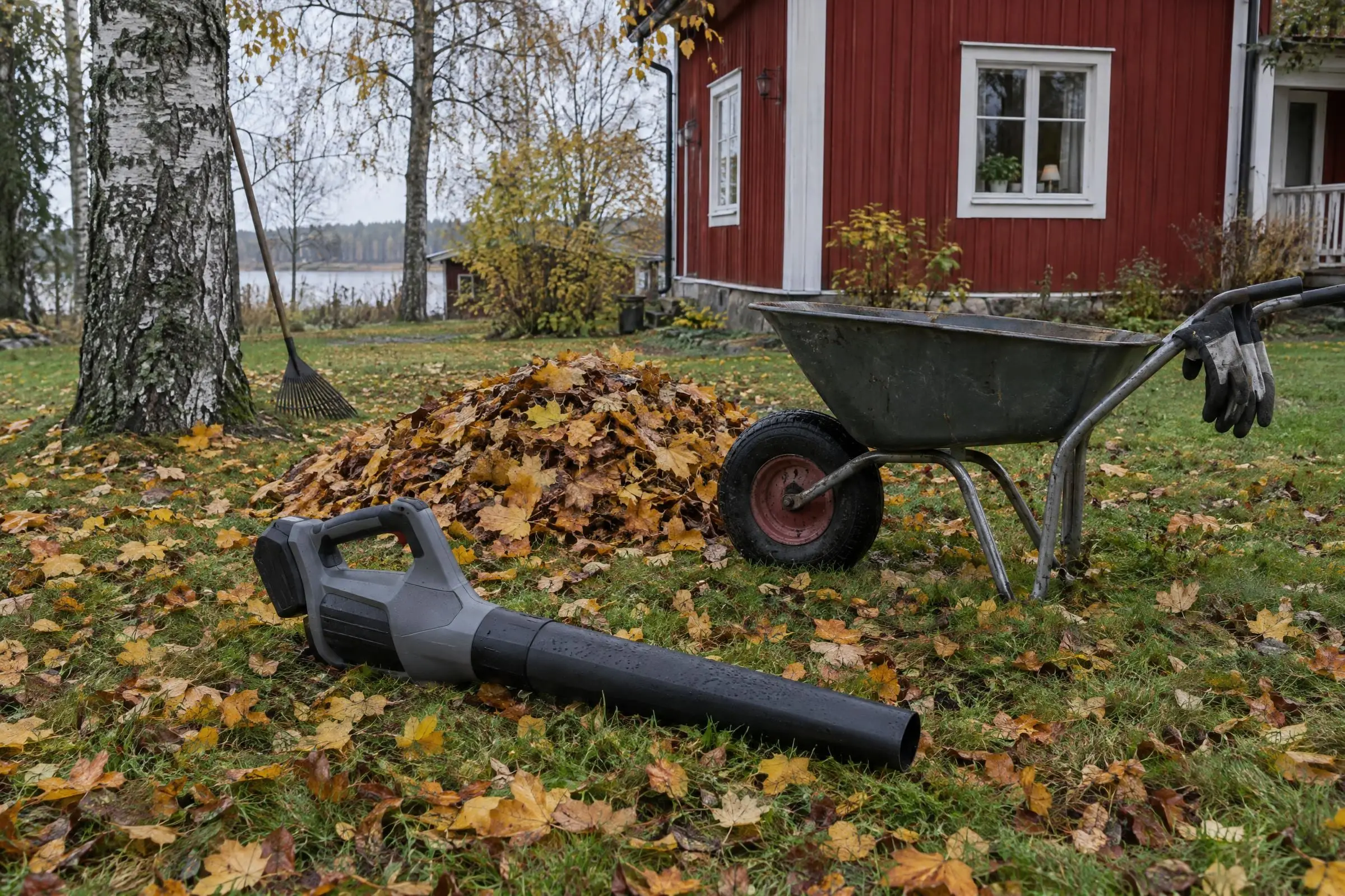 En batteridriven lövblås ligger på en gräsmatta täckt av gula och bruna höstlöv framför ett rött trähus med vita knutar och en grusgång.