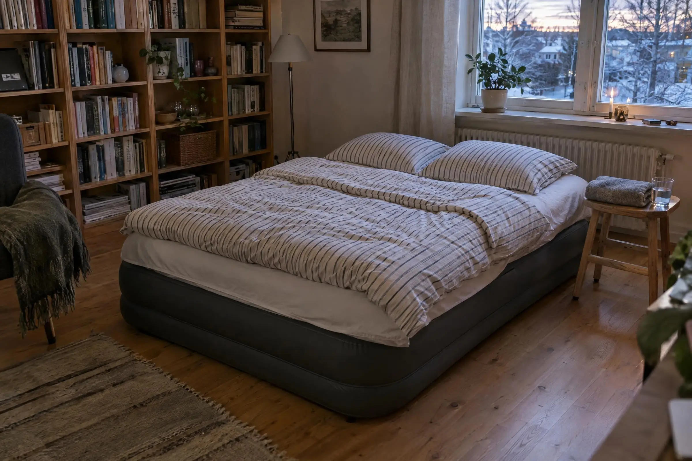 En uppblåst luftmadrass bäddad med vita lakan, ett täcke och en kudde på golvet i ett arbetsrum, med skrivbord och bokhylla i bakgrunden och dagsljus från fönstret.