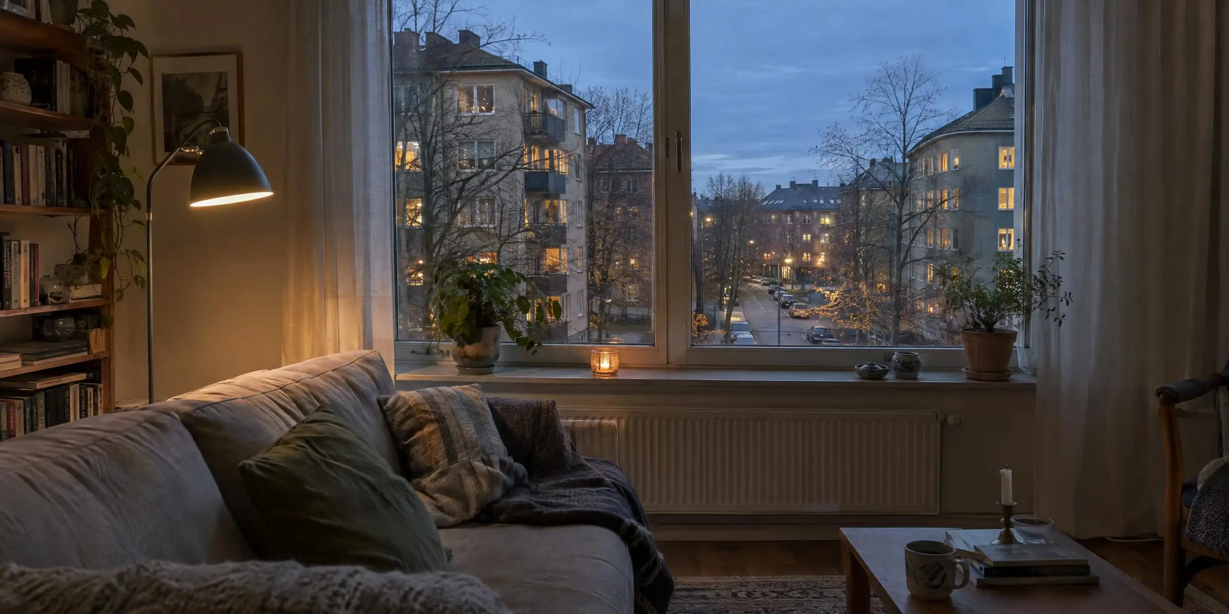 Utsikt från ett vardagsrum en höstkväll över en gata med flerfamiljshus och tända fönster