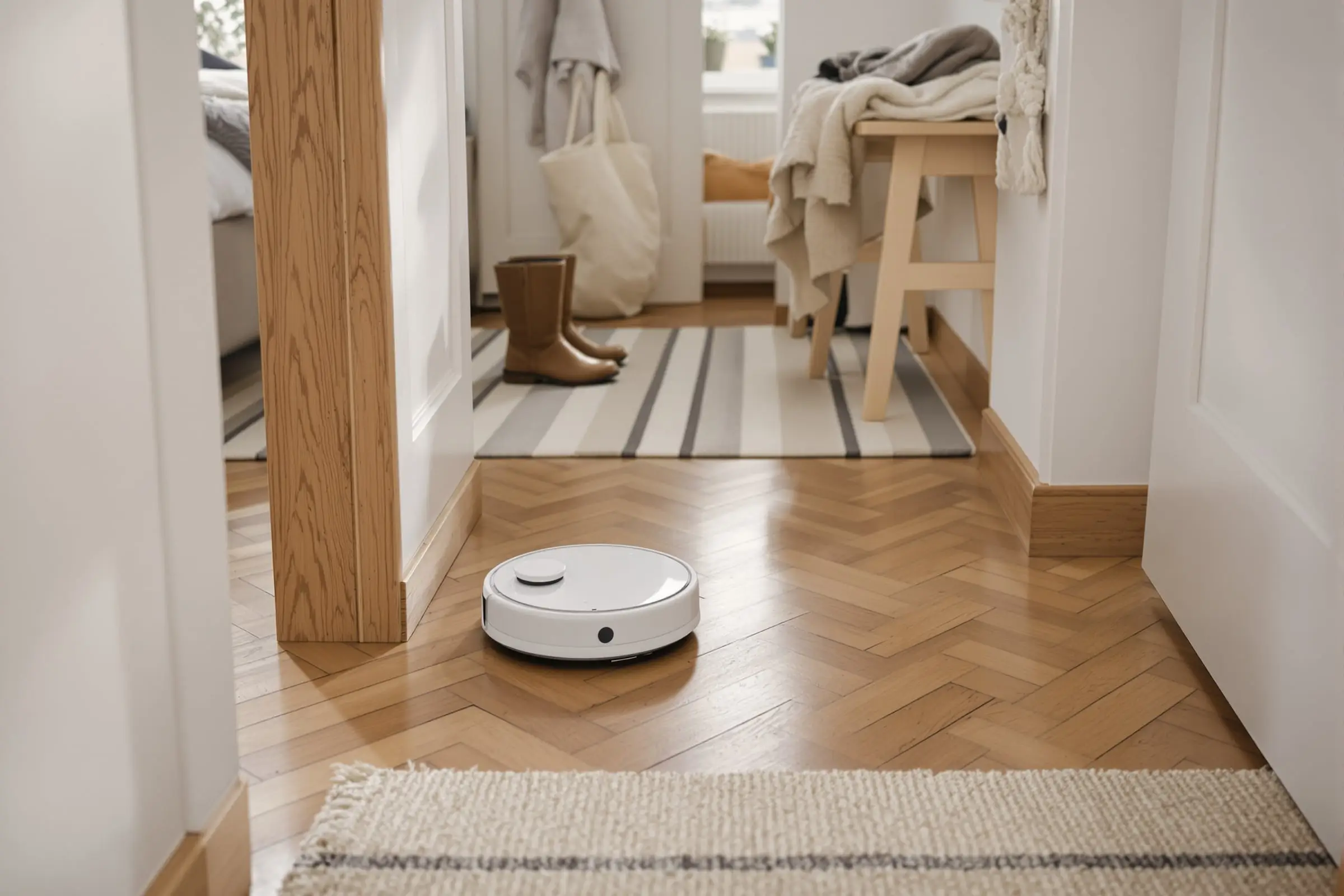 En vit robotdammsugare på fiskbensparkett i en lägenhetshall, på väg mot en öppen dörr med en randig matta och ett par stövlar.
