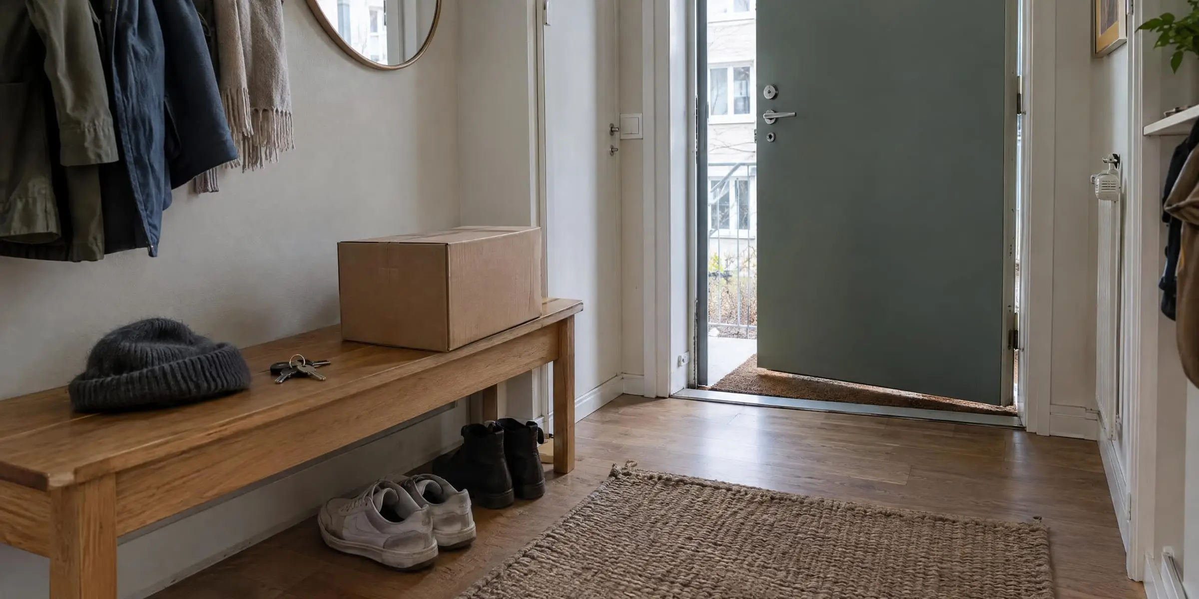Ett levererat paket på bänken i hallen, bredvid nycklar, en mössa och ett par skor