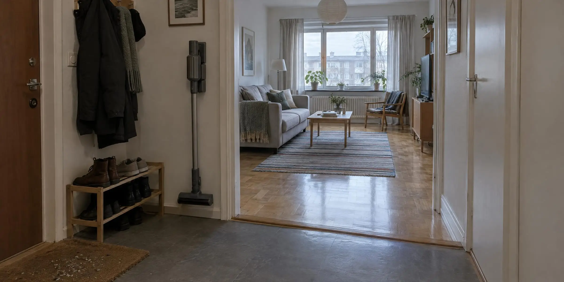 Hall i en lägenhet med en skaftdammsugare i väggfästet, skor på en hylla och lite grus på dörrmattan, med vardagsrummet i bakgrunden