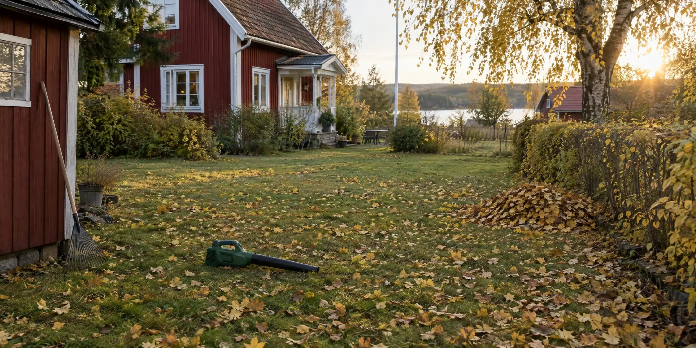 Gräsmatta full av gula löv framför ett rött trähus, med en lövblås i gräset och en kratta mot förrådet