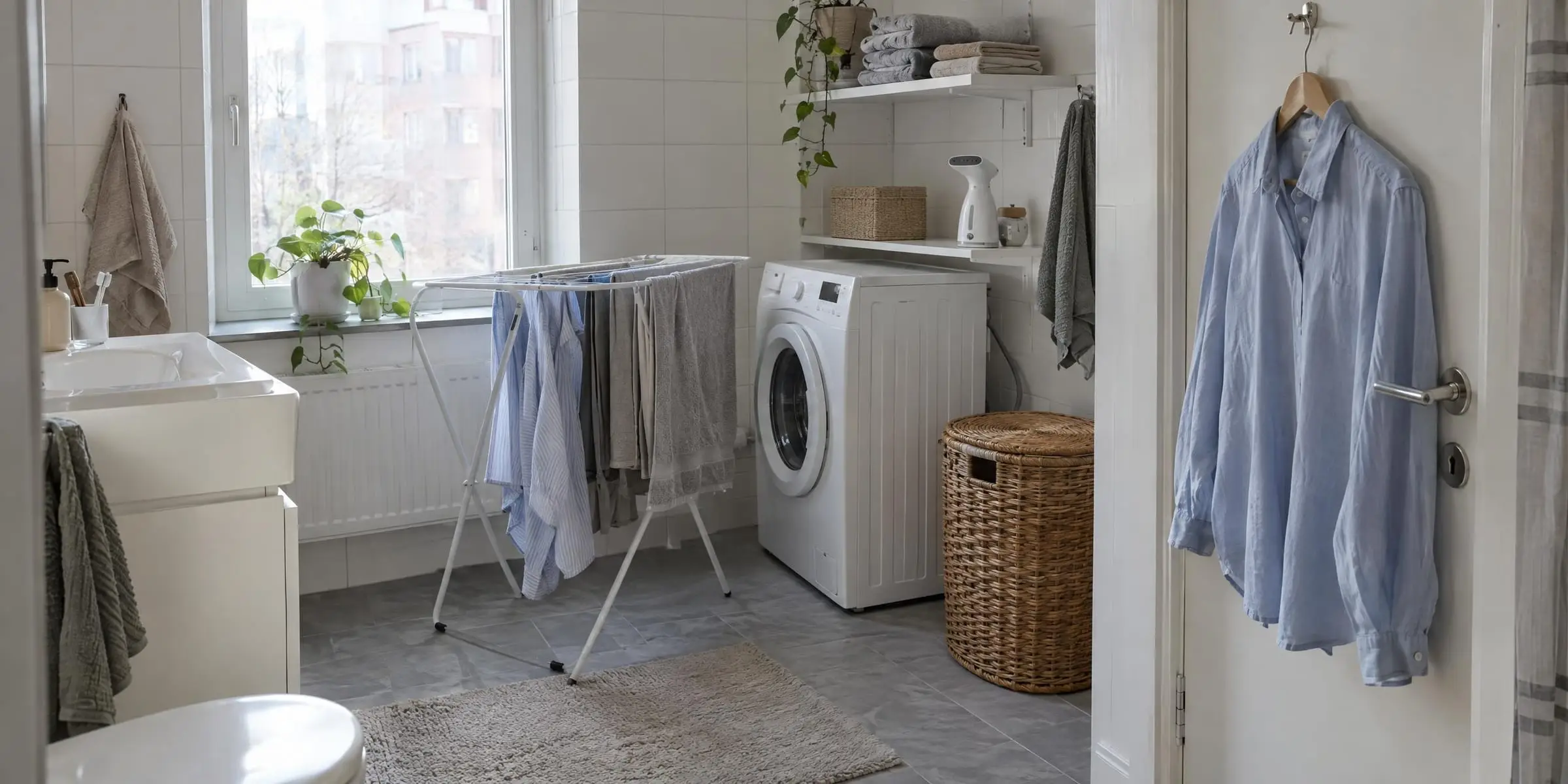 Tvättmaskin, torkställning med skjortor och en tvättkorg i ett badrum, med en skjorta på en galge på dörren och en klädsteamer på hyllan